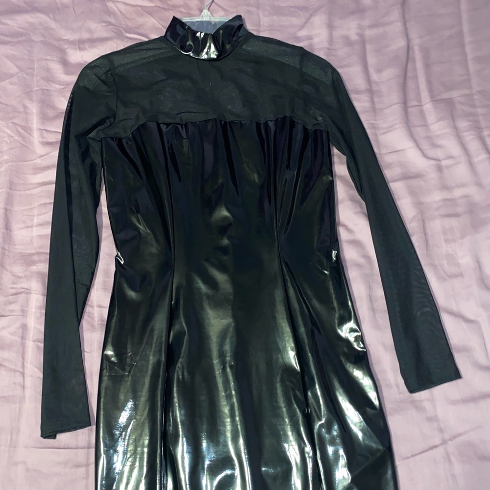 Black Long Sleeve Sheer Pleather Dress
